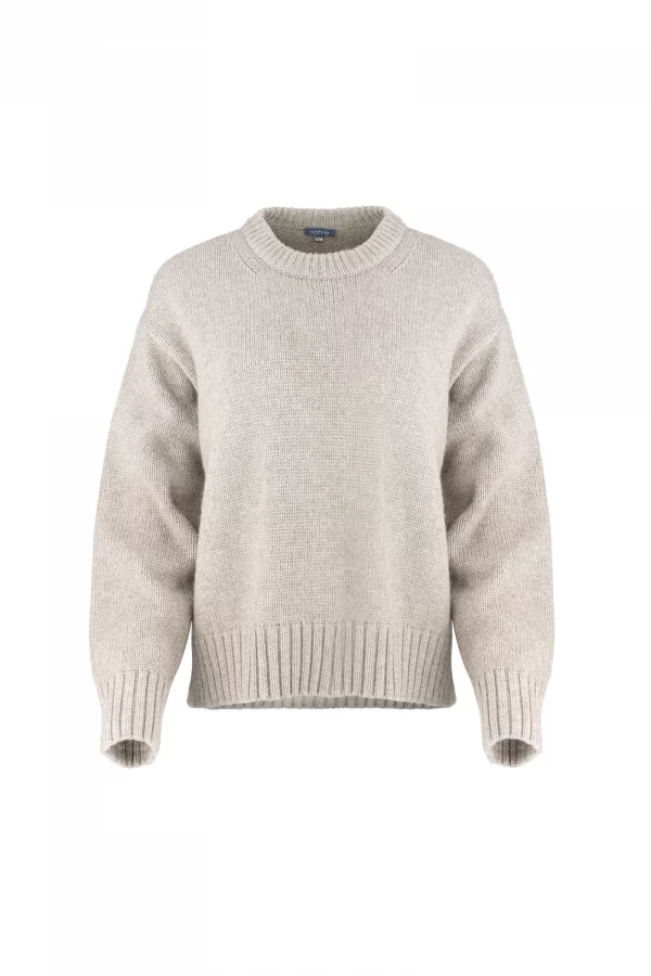 chunky crew neck jumper with ribbed neckline, deep ribbed hem and relaxed sleeves, front view