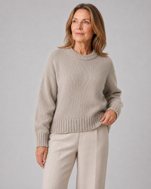 rue-chunky-crew-neck-jumper-model chunky crew neck jumper with relaxed fit and ribbed trims, presented on mature female model