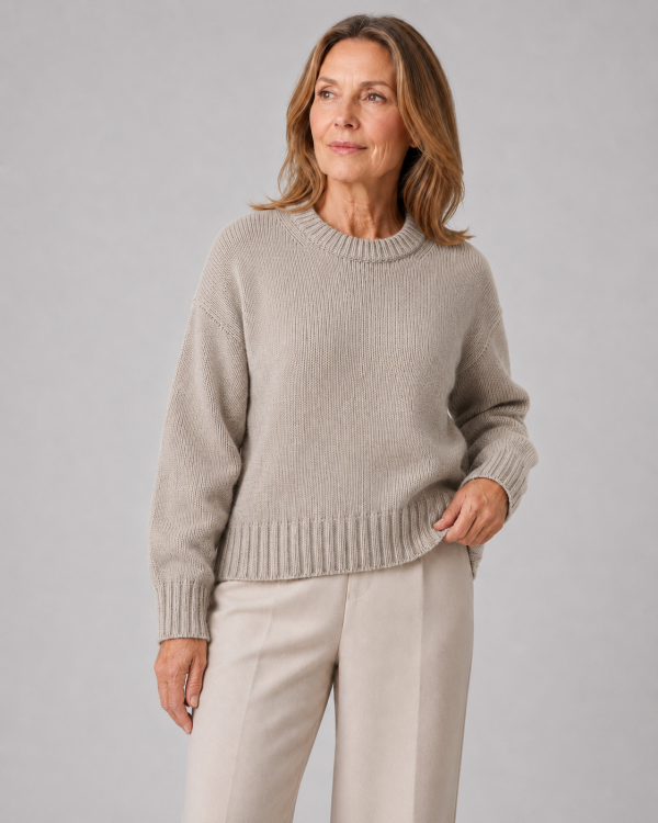chunky crew neck jumper with relaxed fit and ribbed trims, presented on mature female model