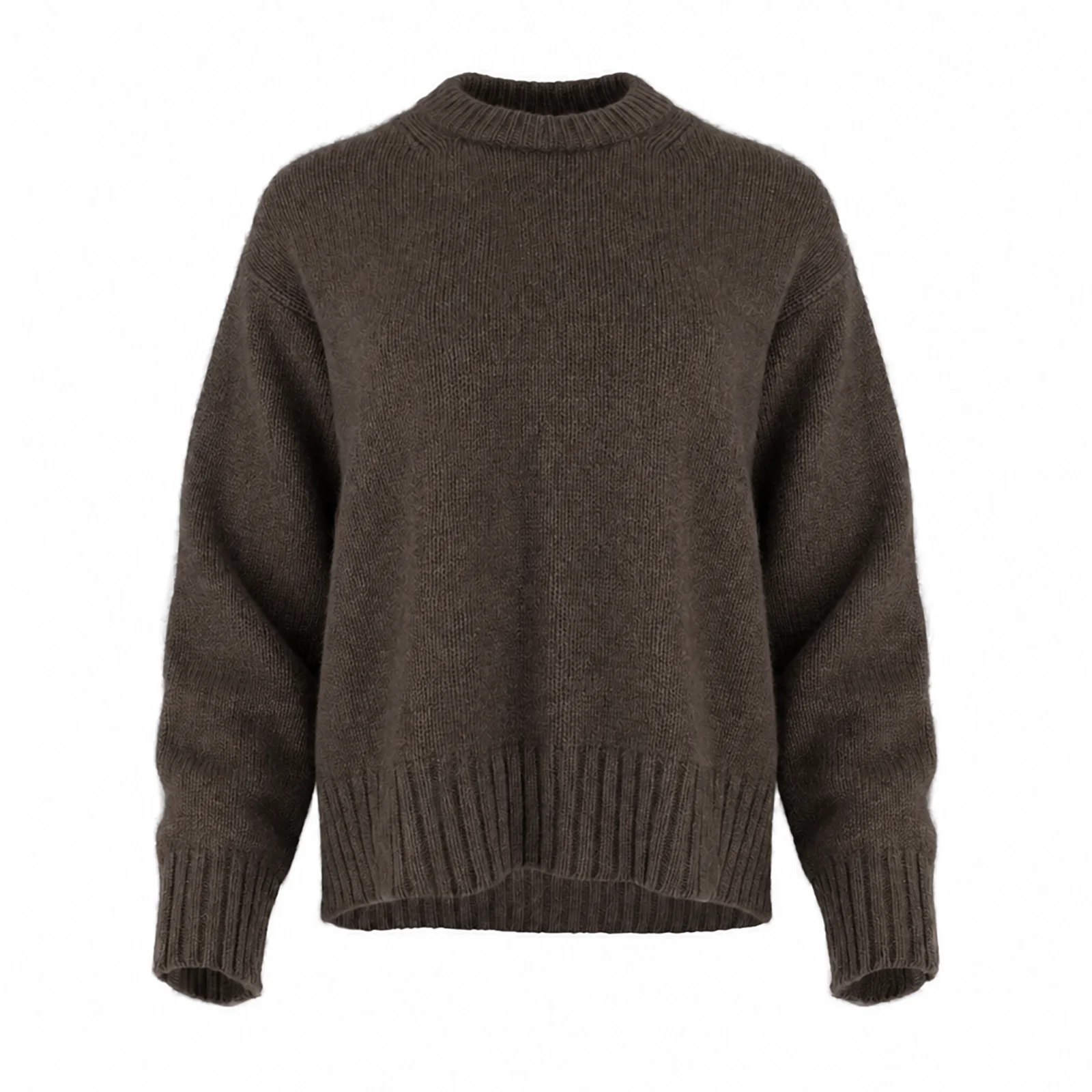 chunky yak crew neck jumper front view with dropped shoulders, full sleeves and deep ribbed hem
