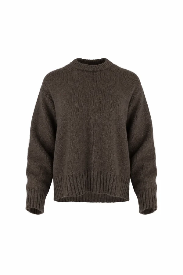 chunky yak crew neck jumper front view with dropped shoulders, full sleeves and deep ribbed hem