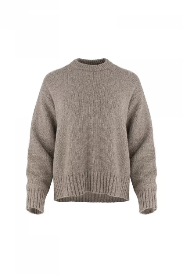 chunky yak crew neck jumper front view with dropped shoulders, full sleeves and deep ribbed hem