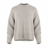 chunky yak crew neck jumper front view with dropped shoulders, full sleeves and deep ribbed hem in stone colour