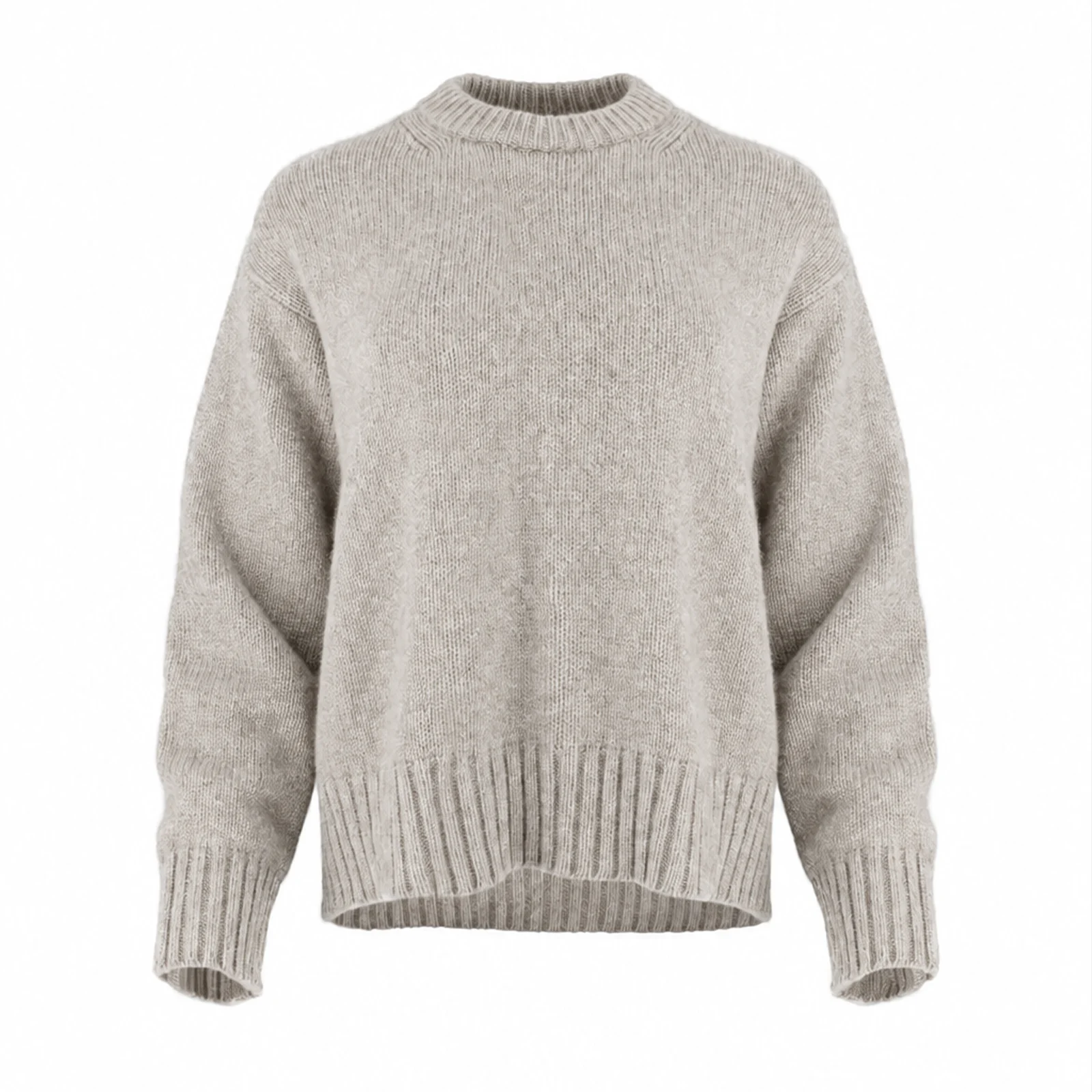 chunky yak crew neck jumper front view with dropped shoulders, full sleeves and deep ribbed hem in stone colour