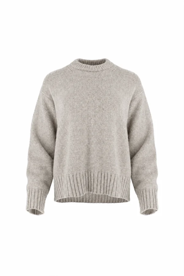 chunky yak crew neck jumper front view with dropped shoulders, full sleeves and deep ribbed hem in stone colour