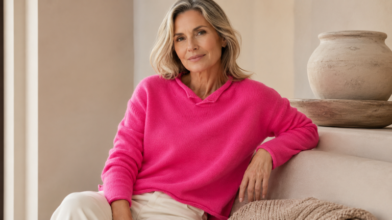 Cashmere travel wrap styled on a woman relaxing on a beige sofa, showing soft luxury layering for travel and everyday wear.