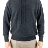men’s yak wool hoodie in graphite, front view showing the drawcord hood and deep ribbed trims