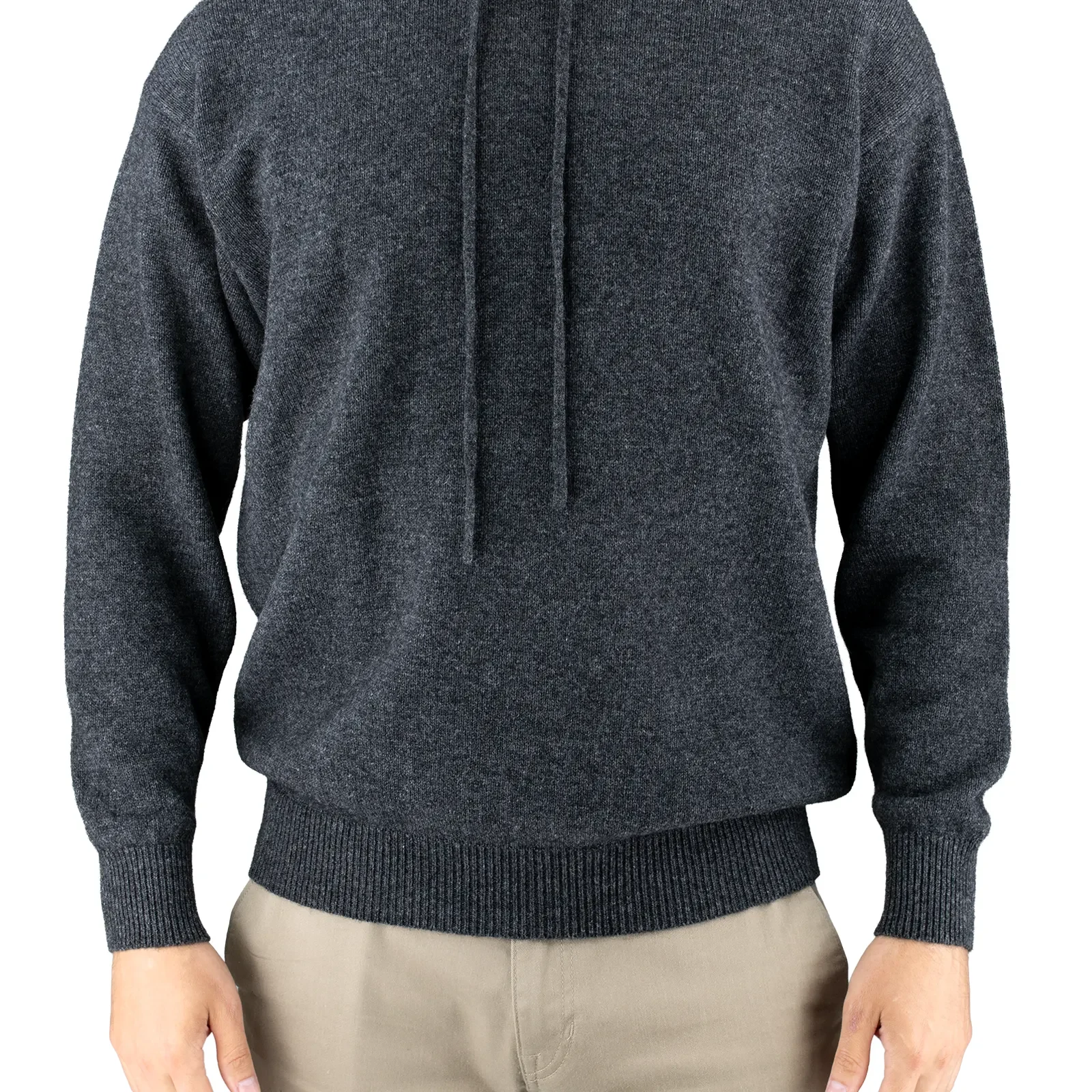 men’s yak wool hoodie in graphite, front view showing the drawcord hood and deep ribbed trims