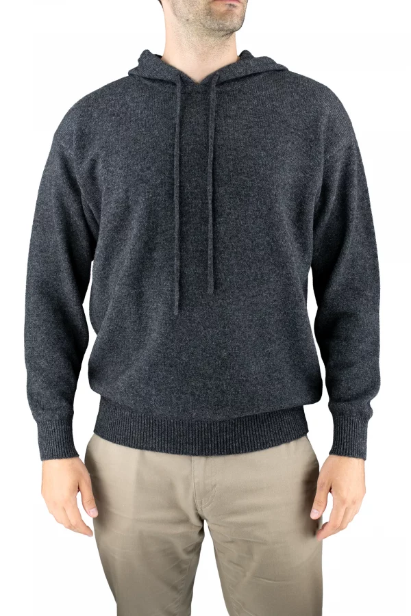 men’s yak wool hoodie in graphite, front view showing the drawcord hood and deep ribbed trims