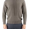 men’s yak wool hoodie in mocha, front view showing the drawcord hood and deep ribbed trims