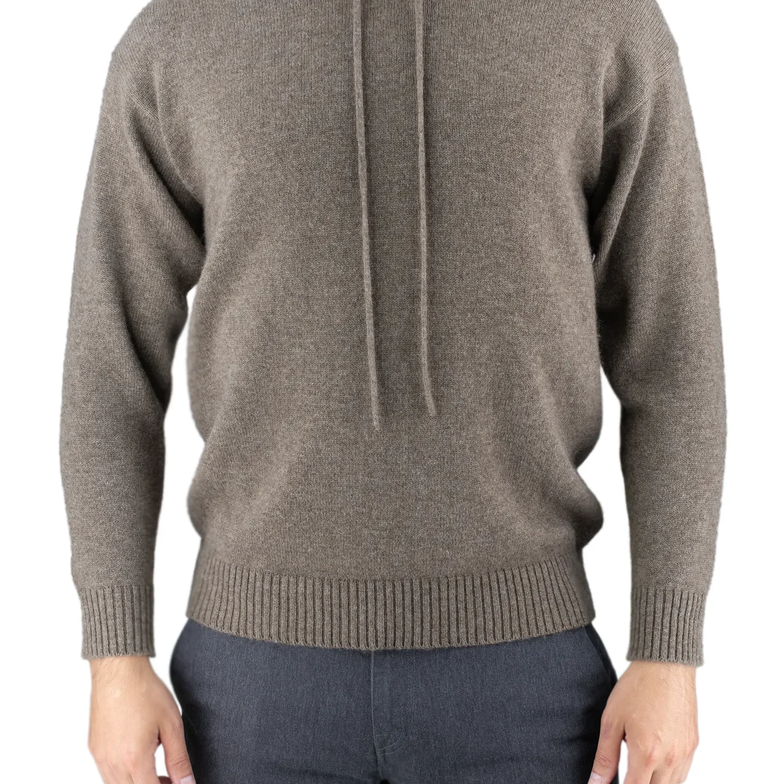 men’s yak wool hoodie in mocha, front view showing the drawcord hood and deep ribbed trims