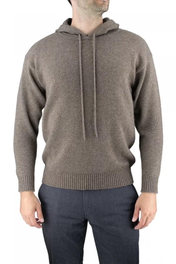 men’s yak wool hoodie in mocha, front view showing the drawcord hood and deep ribbed trims