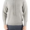 Yang men’s yak wool hoodie in stone, front view showing the drawcord hood and deep ribbed trims