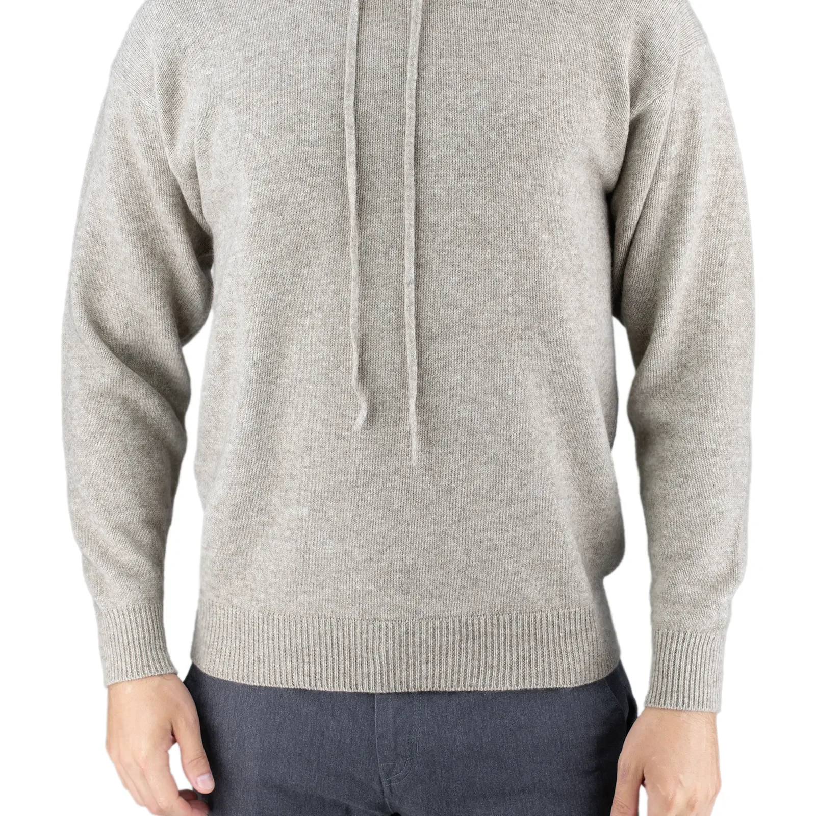 Yang men’s yak wool hoodie in stone, front view showing the drawcord hood and deep ribbed trims
