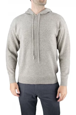 yang-mens-yak-wool-hoodie-stone-front Yang men’s yak wool hoodie in stone, front view showing the drawcord hood and deep ribbed trims