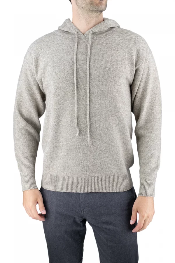 Yang men’s yak wool hoodie in stone, front view showing the drawcord hood and deep ribbed trims