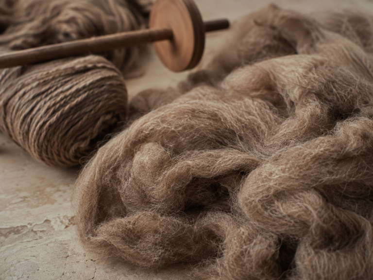 Yak wool knitwear fibre inspiration showing soft natural brown fibres and yarn, used to illustrate why yak wool feels warm and breathable.
