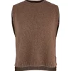 knitted vest features round neck, sleeveless, longer at the back with side split in chestnut colour, front view