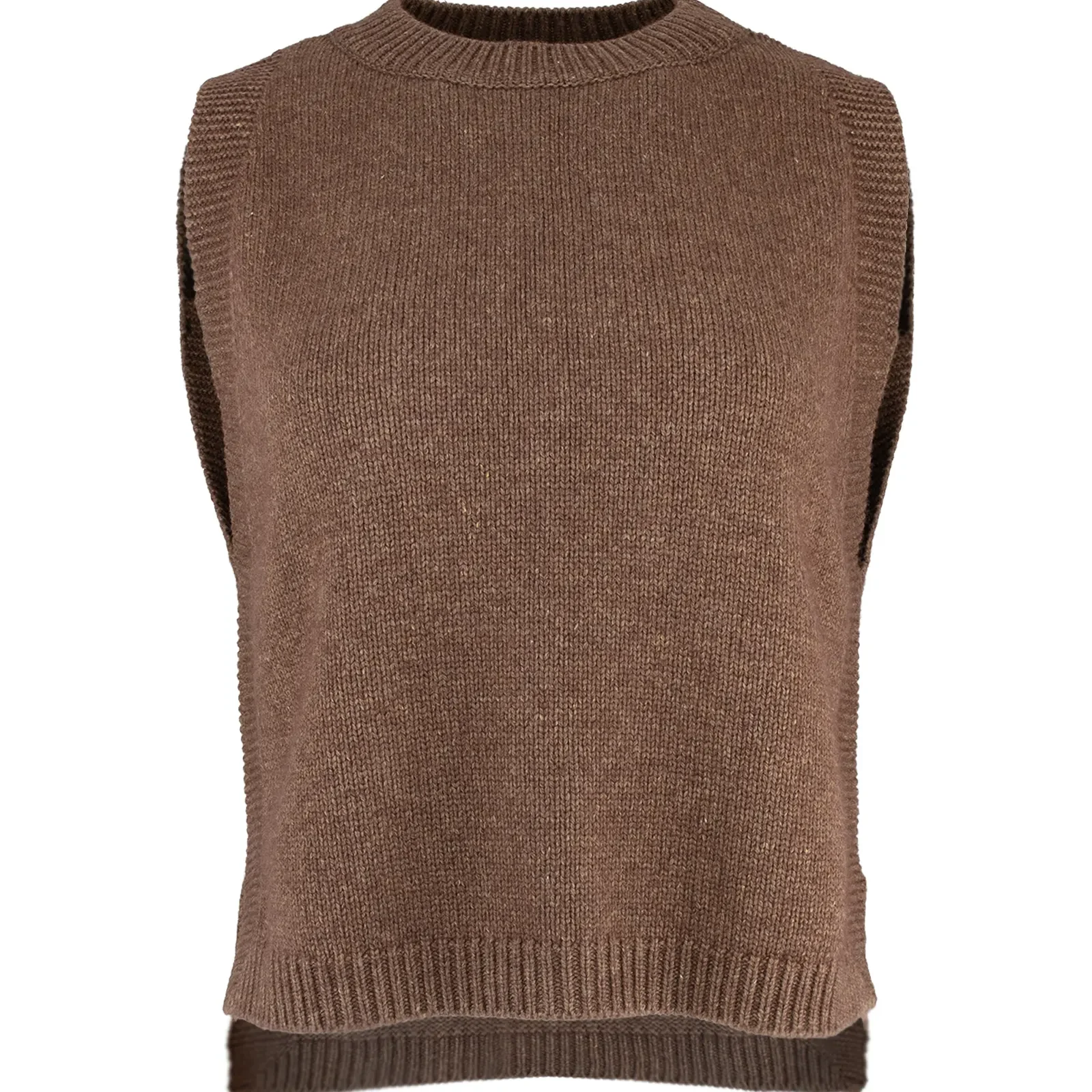 Lula-knitted-vest-chestnut-front - Ochre Knitwear knitted vest features round neck, sleeveless, longer at the back with side split in chestnut colour, front view