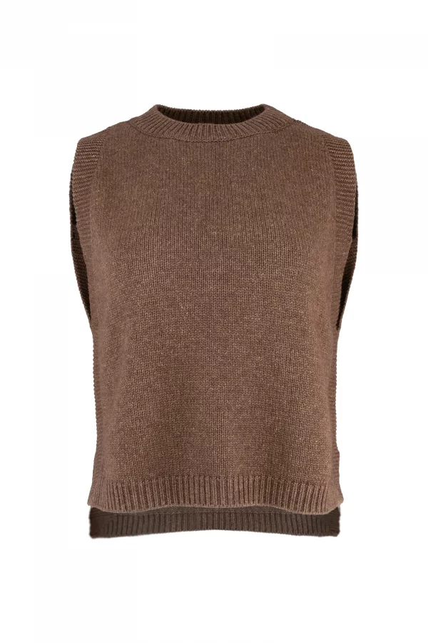 knitted vest features round neck, sleeveless, longer at the back with side split in chestnut colour, front view