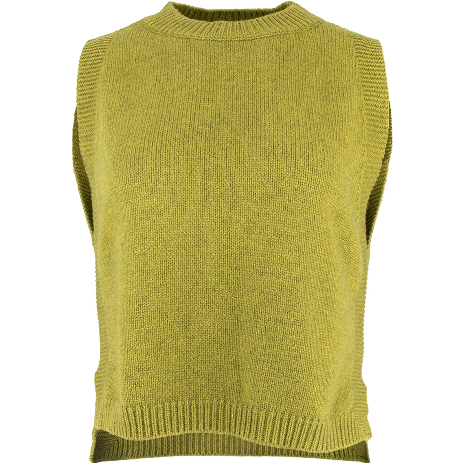 Lula-knitted-vest-moss-marl-front - Ochre Knitwear knitted vest features round neck, sleeveless, longer at the back with side split in moss marl colour, front view