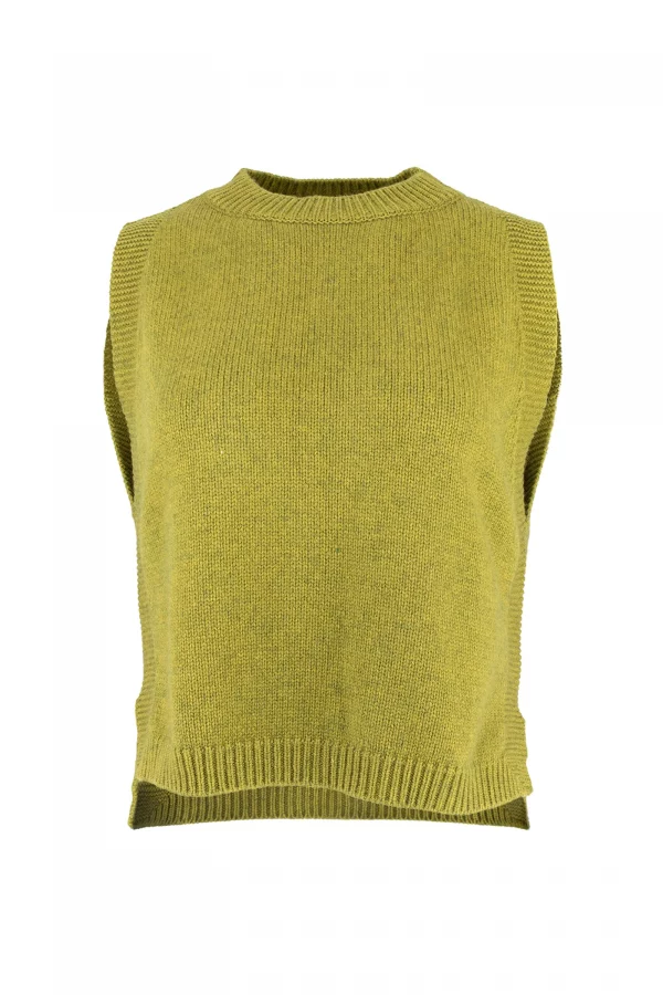 knitted vest features round neck, sleeveless, longer at the back with side split in moss marl colour, front view