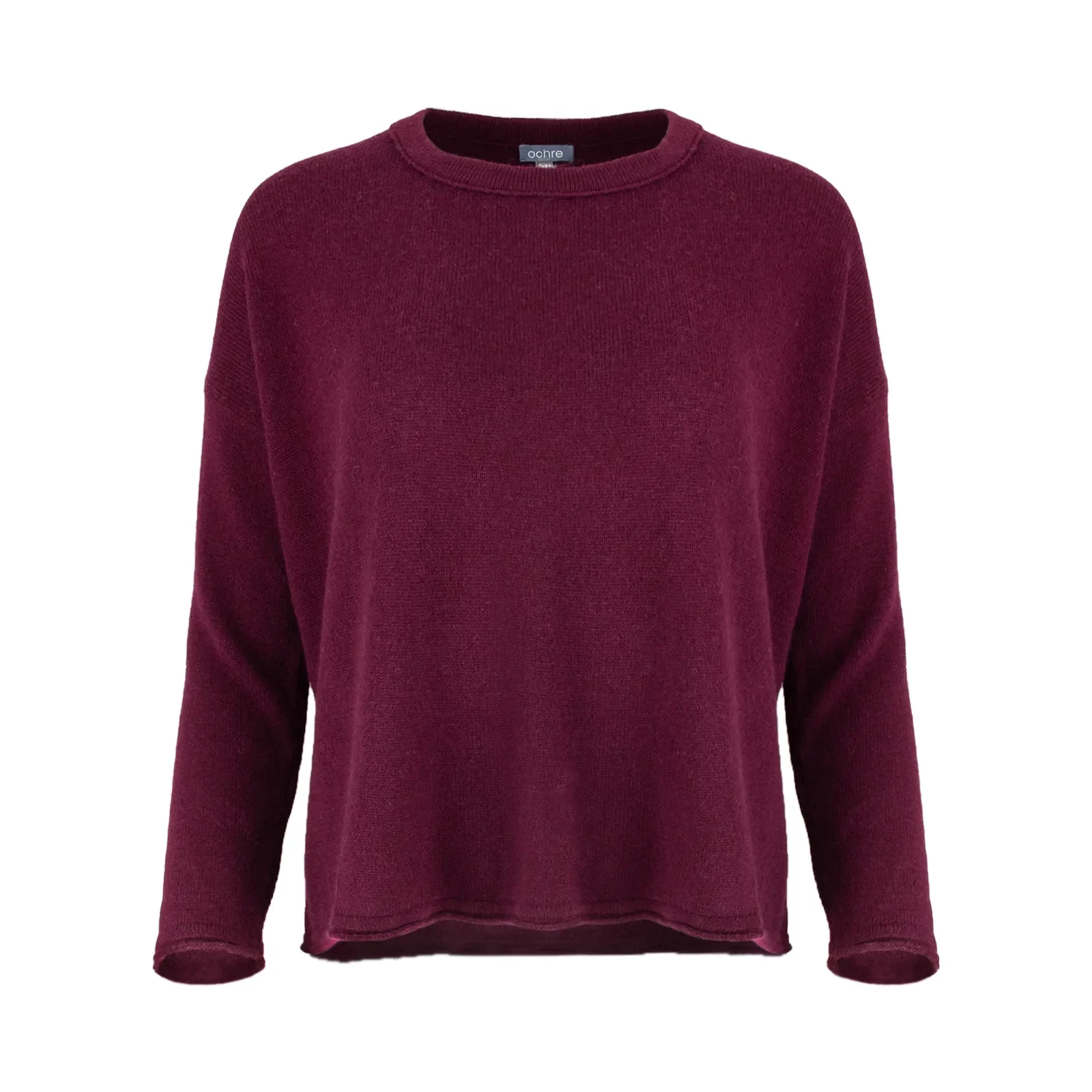 Rina-boat-neck-jumper-burgundy-front - Ochre Knitwear boat neck jumper with long sleeves in burgundy colour, front view