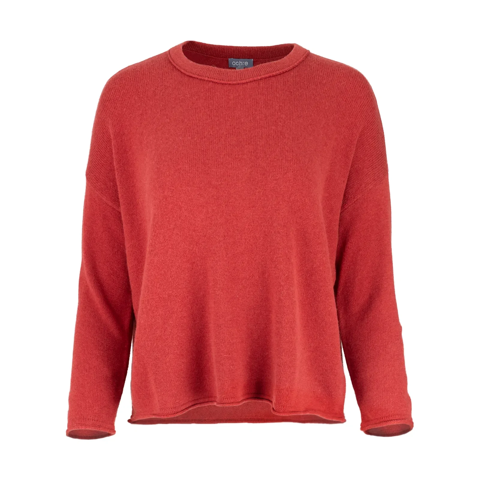 Rina-boat-neck-jumper-rust-front - Ochre Knitwear boat neck jumper with long sleeves in rust colour, front view