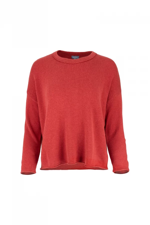 boat neck jumper with long sleeves in rust colour, front view