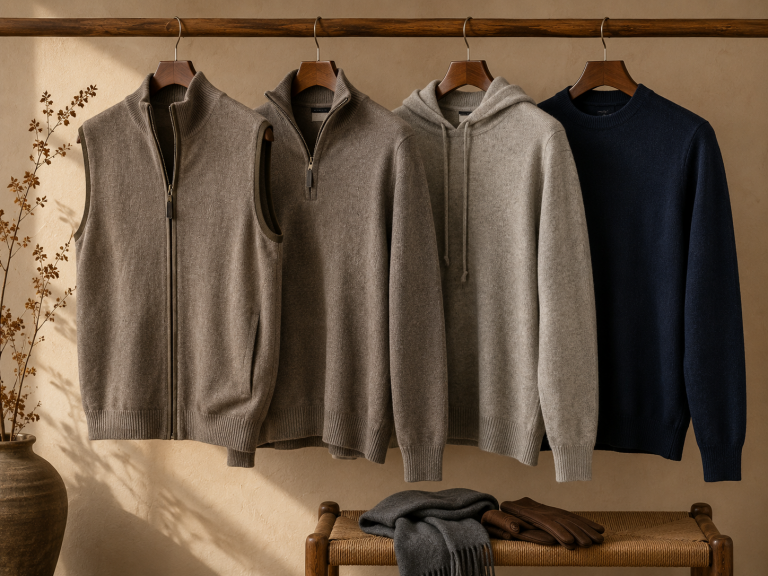 Row of neutral knitwear on wooden hangers: a gray zip-front vest, two gray pullovers, and a navy sweater.