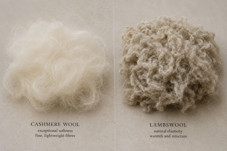 Two wool samples side by side: cashmere on the left (soft, fine fibers) and lambswool on the right (elastic, warm fibers).