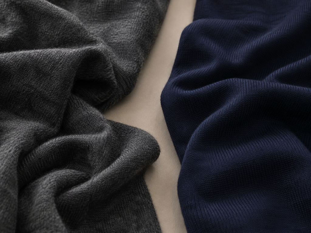Two contrasting knits—the left gray fabric and the right navy fabric—draped with a beige backdrop between them.