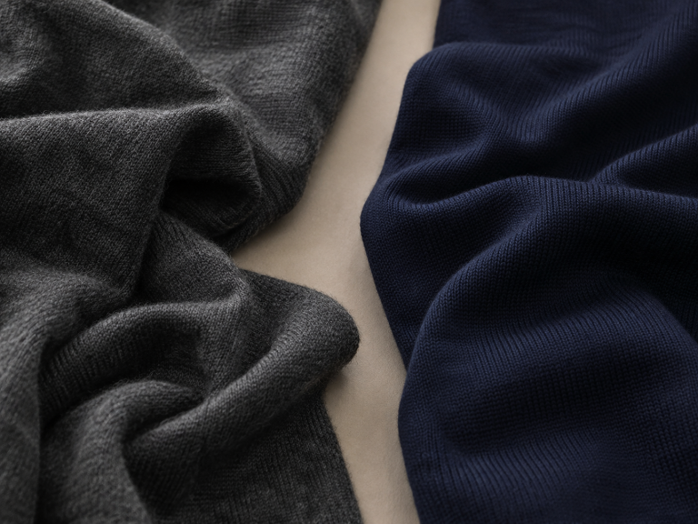 Two contrasting knits—the left gray fabric and the right navy fabric—draped with a beige backdrop between them.