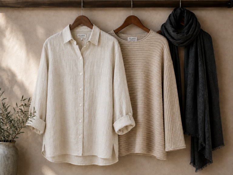 Changeable weather outfits shown on a rail with Ochre’s linen shirt, cotton jumper and black scarf layered for cool mornings and warmer afternoons