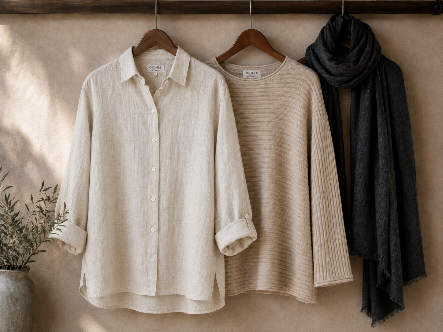 Changeable weather outfits shown on a rail with Ochre’s linen shirt, cotton jumper and black scarf layered for cool mornings and warmer afternoons