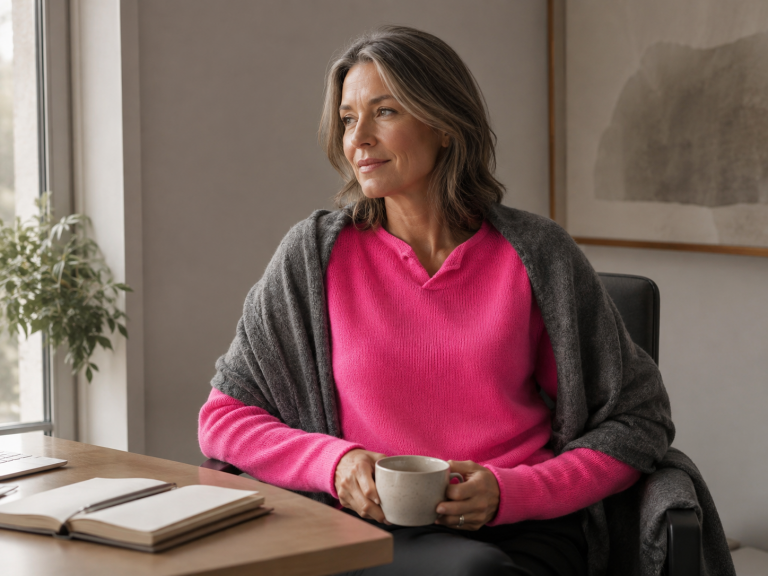 Cold office outfit ideas featured image showing a mature woman in a calm office setting with a bright knit jumper, soft grey wrap, mug and notebook in natural daylight