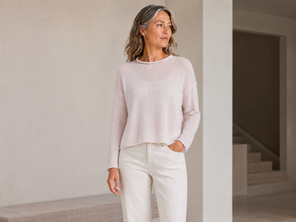 Cropped boxy jumper styled on a mature woman wearing Ochre’s Egg cashmere blend knit, showing the wide rolled neckline, dropped shoulders and short relaxed shape