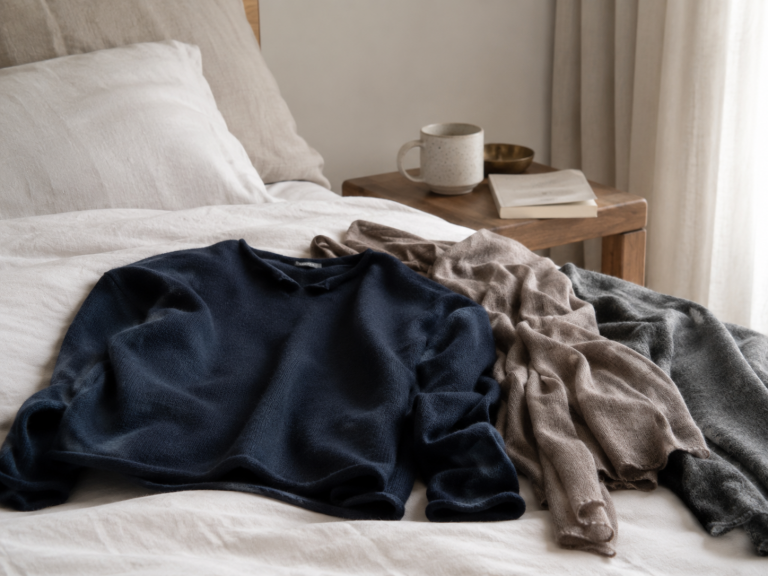 Navy sweater laid on white bed with beige and gray blankets, and a wooden nightstand holding a mug and a book.