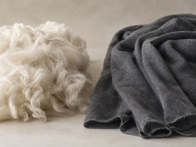 Grade A cashmere raw fibre beside Ochre Cashmere Travel Wrap in graphite grey