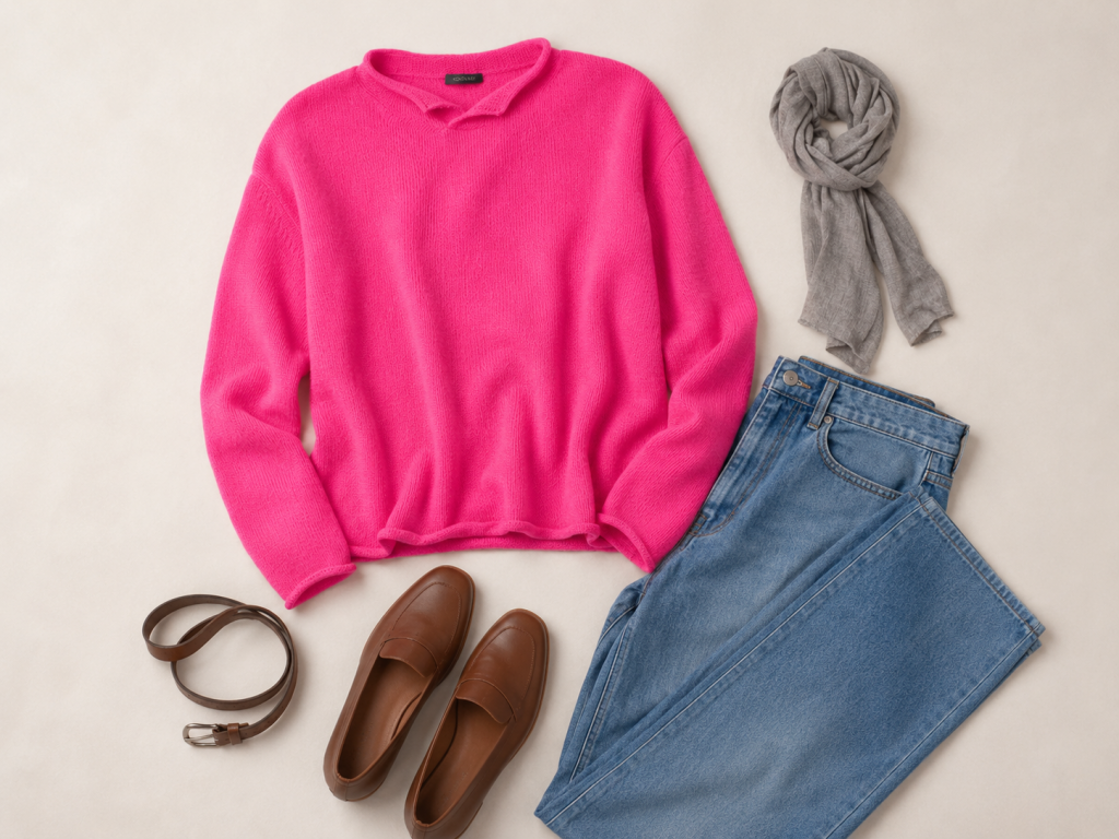 Jumpers to wear with jeans shown with an Ochre-inspired Row Split Neck Cashmere Blend Jumper, straight-leg denim, leather belt, loafers and a fine scarf.