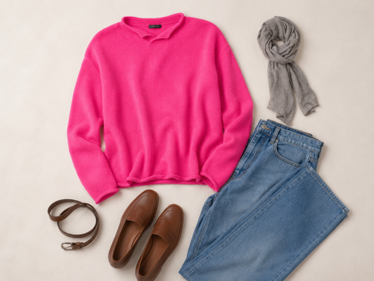 Jumpers to wear with jeans shown with an Ochre-inspired Row Split Neck Cashmere Blend Jumper, straight-leg denim, leather belt, loafers and a fine scarf.