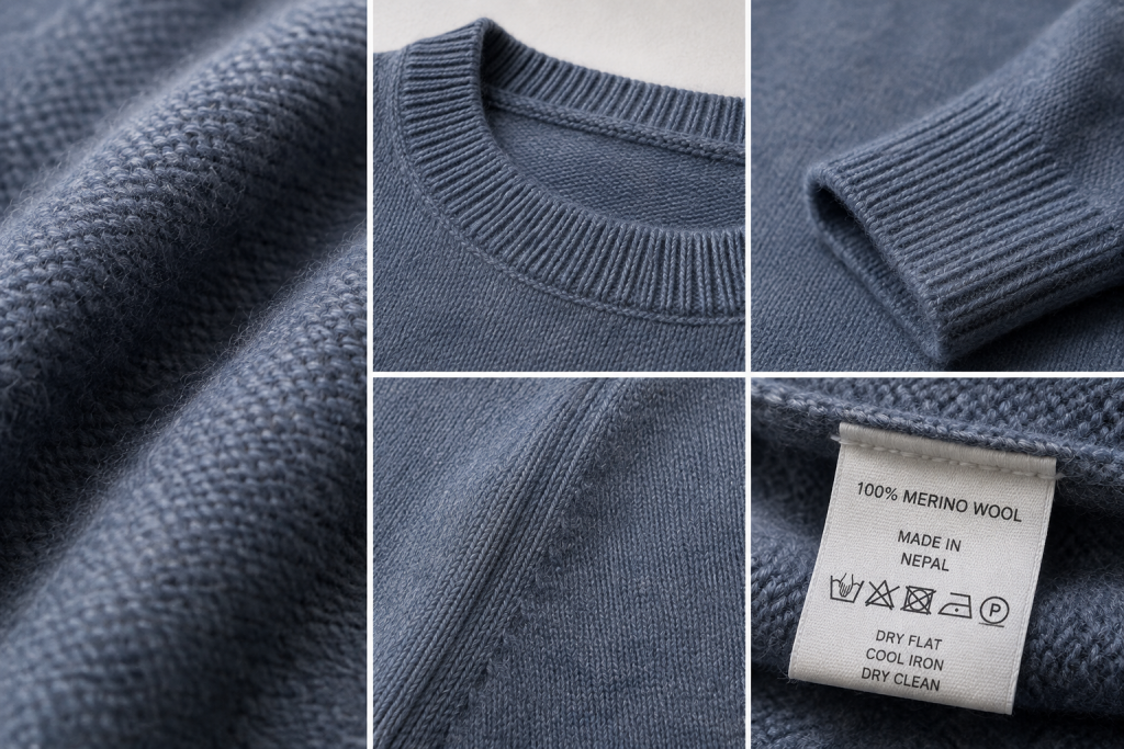Long lasting knitwear shown through close-up details of Ochre’s Scott merino wool jumper, including fibre texture, crew neckline, ribbed cuff, seam detail and care label.