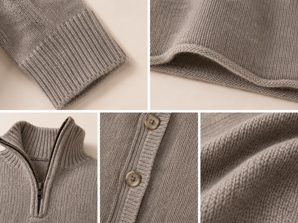 Luxury jumper details shown in a close-up collage of knitwear cuff ribbing, hem finishing, neckline, button detail and natural yarn texture
