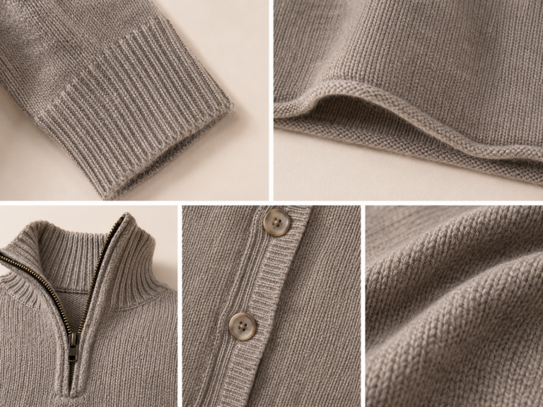 Luxury jumper details shown in a close-up collage of knitwear cuff ribbing, hem finishing, neckline, button detail and natural yarn texture