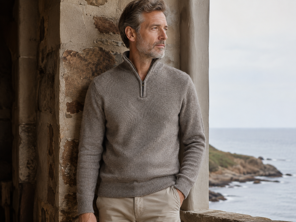Men’s yak wool quarter zip worn by a mature man, showing Ochre’s Miles jumper with a ribbed stand collar, short zip opening, long sleeves and ribbed hem