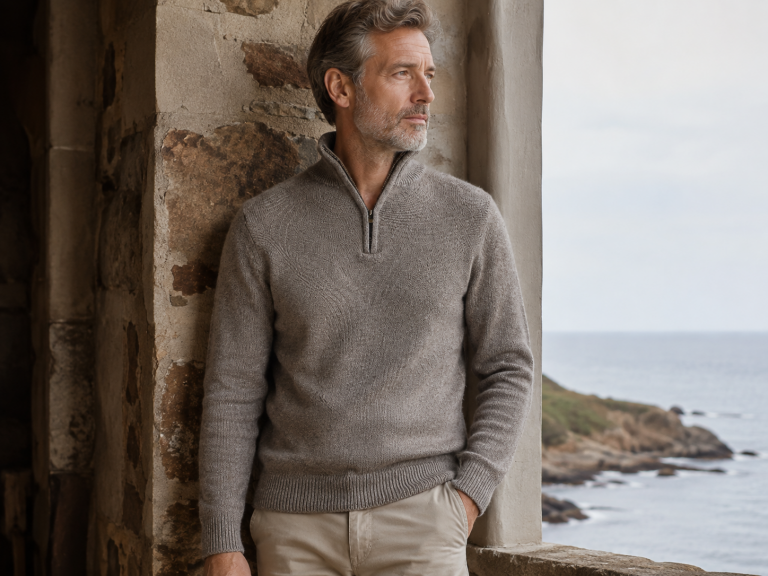 Men’s yak wool quarter zip worn by a mature man, showing Ochre’s Miles jumper with a ribbed stand collar, short zip opening, long sleeves and ribbed hem