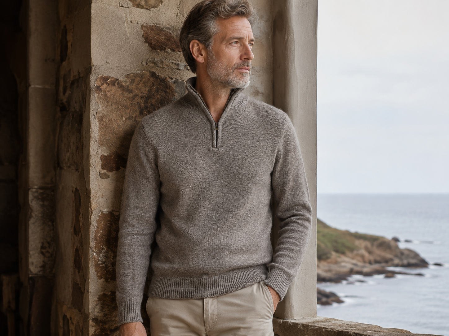 Men’s yak wool quarter zip worn by a mature man, showing Ochre’s Miles jumper with a ribbed stand collar, short zip opening, long sleeves and ribbed hem