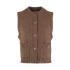 mina-sleeveless-buttoned-cardigan-chestnut-front - Ochre Knitwear sleeveless buttoned cardigan with round ribbed neckline, five front buttons, patch pockets and cropped sleeveless shape in chestnut colour