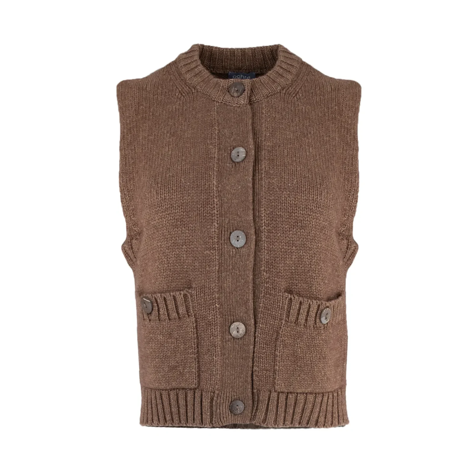 sleeveless buttoned cardigan with round ribbed neckline, five front buttons, patch pockets and cropped sleeveless shape in chestnut colour