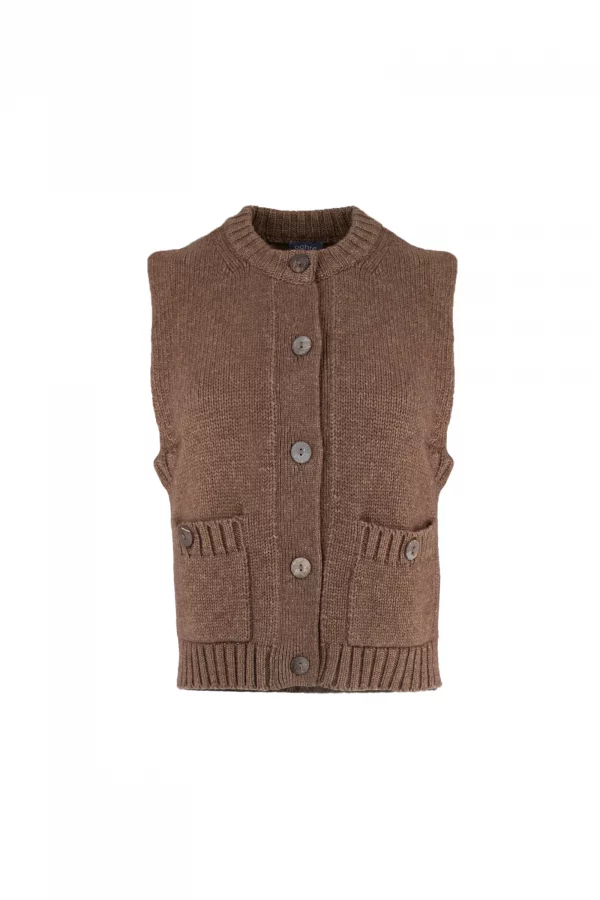 mina-sleeveless-buttoned-cardigan-chestnut-front - Ochre Knitwear sleeveless buttoned cardigan with round ribbed neckline, five front buttons, patch pockets and cropped sleeveless shape in chestnut colour